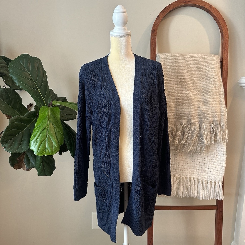 New Pink Rose‎ Womens Cardigan Medium Navy Blue Knit Crochet Sweater PF2S43464